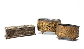 BARBOUR SILVER CO. REPOUSSE BOX & TWO JARDINIERES