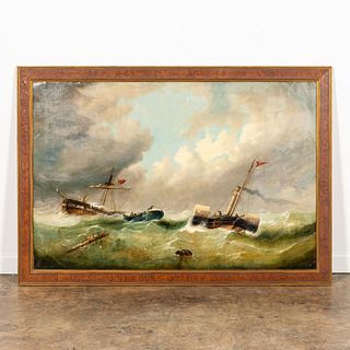 LARGE 19TH C. SHIPWRECK RESCUE, OIL ON CANVAS