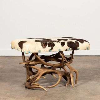 NATURAL ANTLER BENCH WITH COWHIDE UPHOLSTERY