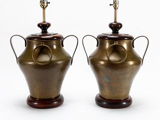 PAIR CHAPMAN LARGE BRASS URN DOUBLE HANDLED LAMPS