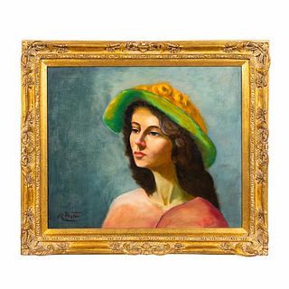 R, VOGLER, PORTRAIT OF A LADY IN GREEN HAT, FRAMED
