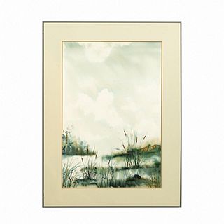 SEELEY, LANDSCAPE WATERCOLOR OF POND AND CATTAILS
