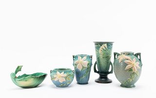 5PC TURQUOISE ROSEVILLE POTTERY GROUPING