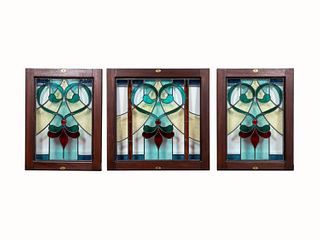 SET OF THREE, STAINED & LEADED GLASS WINDOWS