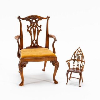 MINIATURE WOODEN CHIPPENDALE & WINDSOR CHAIRS, 2PC