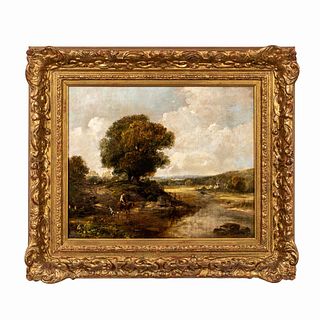 19TH C ENGLISH LANDSCAPE WITH TRAVELER & DOG, OIL