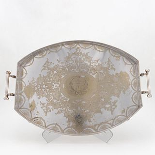 LARGE ENGLISH ARMORIAL SILVERPLATE GALLERY TRAY