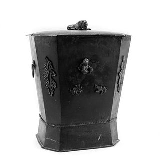 ENGLISH TOLE COAL SCUTTLE WITH LION FINIAL