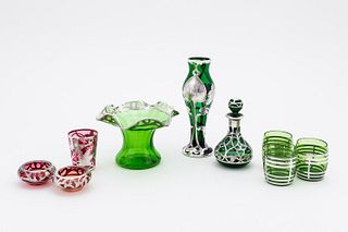 9 PCS, SILVER OVERLAY, GREEN & CRANBERRY GLASS
