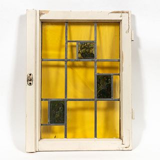 BRITISH LEADED GLASS WINDOW WITH FIGURATIVE INSETS