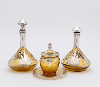 FOUR SILVER OVERLAY AMBER GLASS PIECES