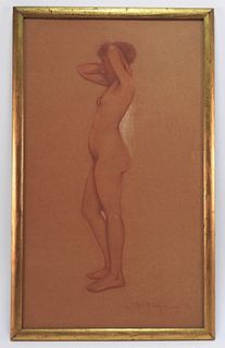 Female Standing Posing Nude Figure Sepia Drawing
