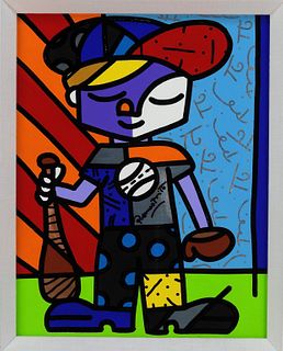Romero Britto Pop Art Baseball Boy Figure Painting