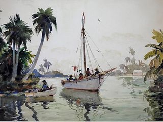 Anthony Thieme Palm Tree Boat Fishermen Painting