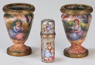 3PC French Enameled Vases & Scent Bottle