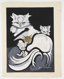 Junichiro Sekino Cat Woodblock Print