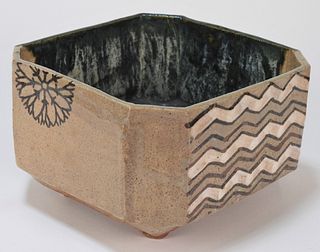Japanese Oribe Floral Geometric Footed Bowl