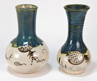 2PC Japanese Oribe Stoneware Vases