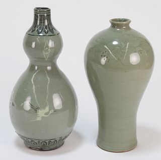 2PC Korean & Chinese Celadon Porcelain Vases