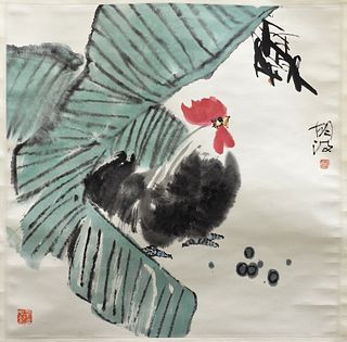 Hu Bo Rooster Scroll Painting