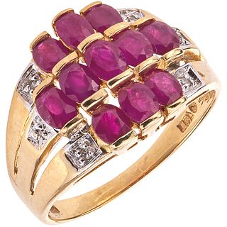 RING WITH RUBIES AND DIAMONDS IN 10K YELLOW GOLD Oval cut rubies ~1.65 ct, 8x8 cut diamonds ~0.05 ct. Size: 8 | ANILLO CON RUBÍES Y DIAMANTES EN ORO A