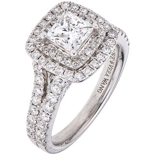RING WITH DIAMONDS AND SAPPHIRES IN 18K WHITE GOLD, VERA WANG LOVE COLLECTION 1 Princess cut diamond ~1.0 ct | ANILLO CON DIAMANTES  Y ZAFIROS EN ORO 