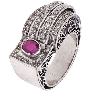 RING WITH RUBY AND DIAMONDS IN PALLADIUM SILVER 1 Oval cut ruby ~0.40 ct, 8x8 cut diamonds ~0.40 ct. Weight: 8.8 g. Size: 6 ½ | ANILLO CON RUBÍ Y DIAM