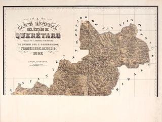 Moreno, Pedro - Cosío, Francisco G. de. Carta General del Estado de Querétaro. Querétaro, 1897.  Litografía, en dos partes.