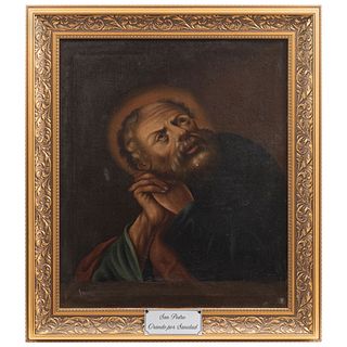 SAN PEDRO 19TH CENTURY Oil on canvas includes plate with legend: "San Pedro orando por sanidad". 30.3 x 25.5" (77 x 65 cm) | SAN PEDRO SIGLO XIX Óleo 