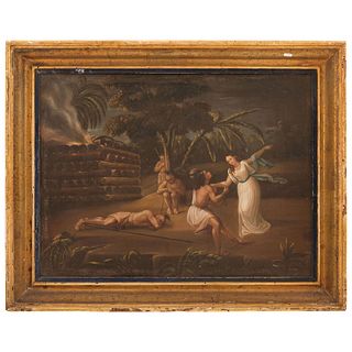 ATALA PROPONE A CHACTAS LA HUIDA AL DESIERTO MEXICO, 19TH CENTURY Oil on canvas Conservation details 18.8 x 25.3" (48 x 64.5 cm) | ATALA PROPONE A CHA
