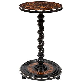 SIDE TABLE FRANCE, Ca. 1900 Made of ebonized wood, decorated with floral design marquetry and bone applications ... | MESA AUXILIAR FRANCIA, Ca. 1900 