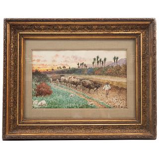 AUGUST LÖHR SALZBURG, 1842 - MEXICO 1920 PAISAJE CON BUEYES Watercolor on paper Conservation details 11.8 x 19.6" (30 x 50 cm) | AUGUST LÖHR SALZBURG,