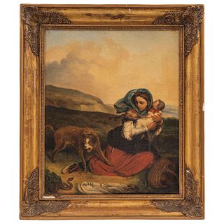 ESCENA DE DAMA CON PERRO Y SERPIENTE  FRANCE, 19TH CENTURY Oil on canvas Conservation details 17.7 x 14.7" (45 x 37.5 cm) | ESCENA DE DAMA CON PERRO Y