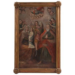 SANTA ANA, LA VIRGEN NIÑA Y SAN JOAQUÍN SIENDO CORONADOS MEXICO, 19TH CENTURY Oil on canvas 61.8 x 37" (157 x 94 cm) | SANTA ANA, LA VIRGEN NIÑA Y SAN