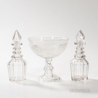 Pair of Leaded Glass Decanters and a Hobnail Compote