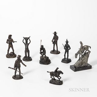 Eight Pioneer or Western-themed Mostly Bronze Sculptures
