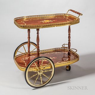 Inlaid Wood and Brass Drink Cart