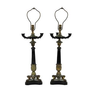 (2) French Empire Ebonized Gilt Candelabra Table Lamps
