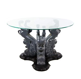 Classical Carved Lion Form Glass Top Center Table