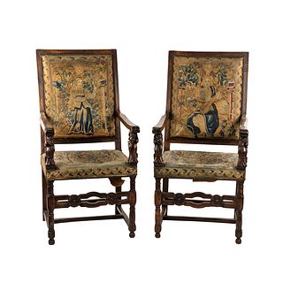 (2) Pair Flemish Baroque Style Tapestry Throne Chairs