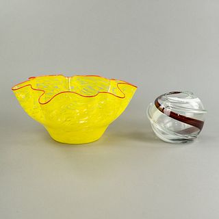 (2) Group of Art Glass Yellow Center Bowl & Orb Vase