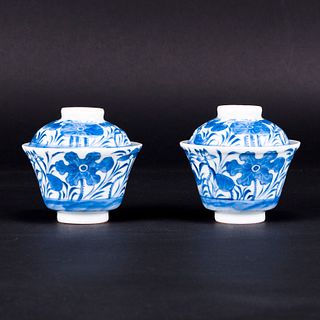 A PAIR OF BLUE AND WHITE 'LOTUS' BOWL AND COVER 