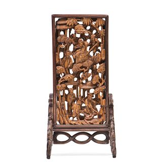 A CARVED HUANGYANGMU 'FIGURAL' TABLE SCREEN
