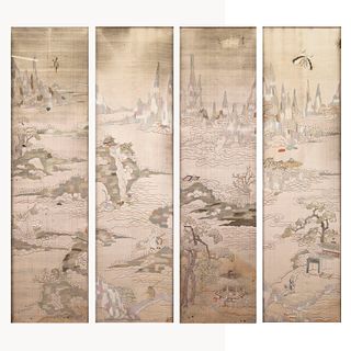 A GROUP OF 4 CHINESE SILK EMBROIDERED LANDSCAPE PANELS, QING DYNASTY 