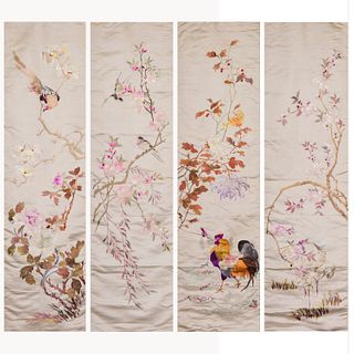 A GROUP OF 4 CHINESE SILK EMBROIDERED FLOWER AND BIRD PANELS 