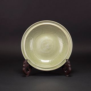 A CARVED  LARGE  CELADON DISH WITH WOODEN STAND  