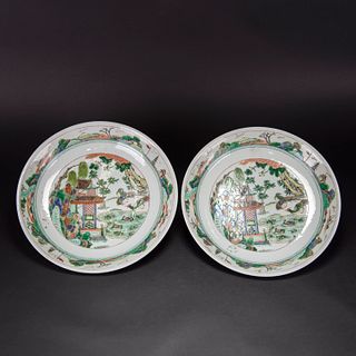 A PAIR OF WUCAI 'LANDSCAPE' DISHES, KANGXI MARK  