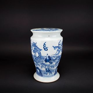 A BLUE AND WHITE 'DRAGON' STOOL 