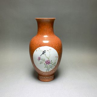 GILT DECORATED IRON RED GROUND FAMILLE ROSE VASE, 19TH CENTURY