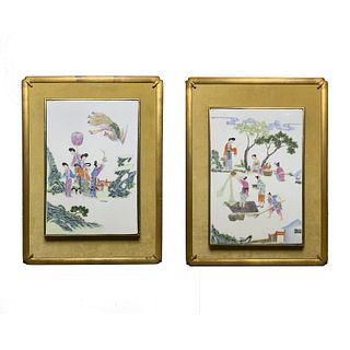 A PAIR OF FAMILLE ROSE RECTANGULAR 'FIGURAL' PLAQUES